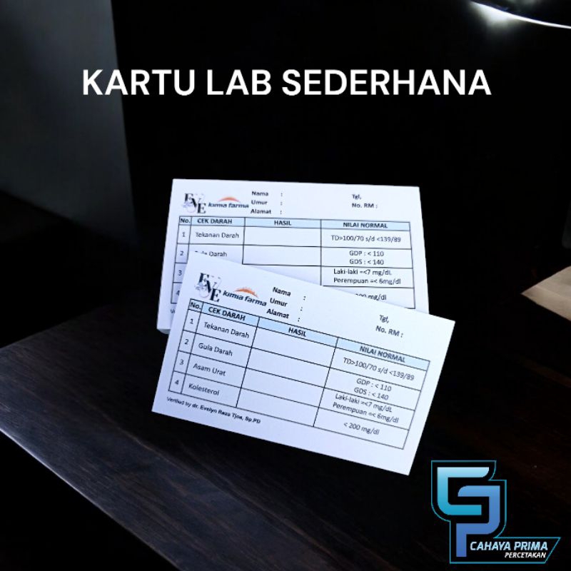 

Cetak kartu laborator pemeriksaan darah sederhana custom