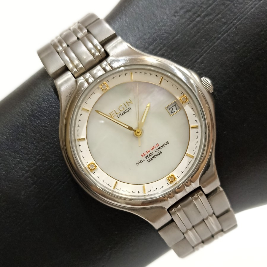 Jam Tangan Elgin USA Titanium Shell Pearl Luminous Diamonds Quartz