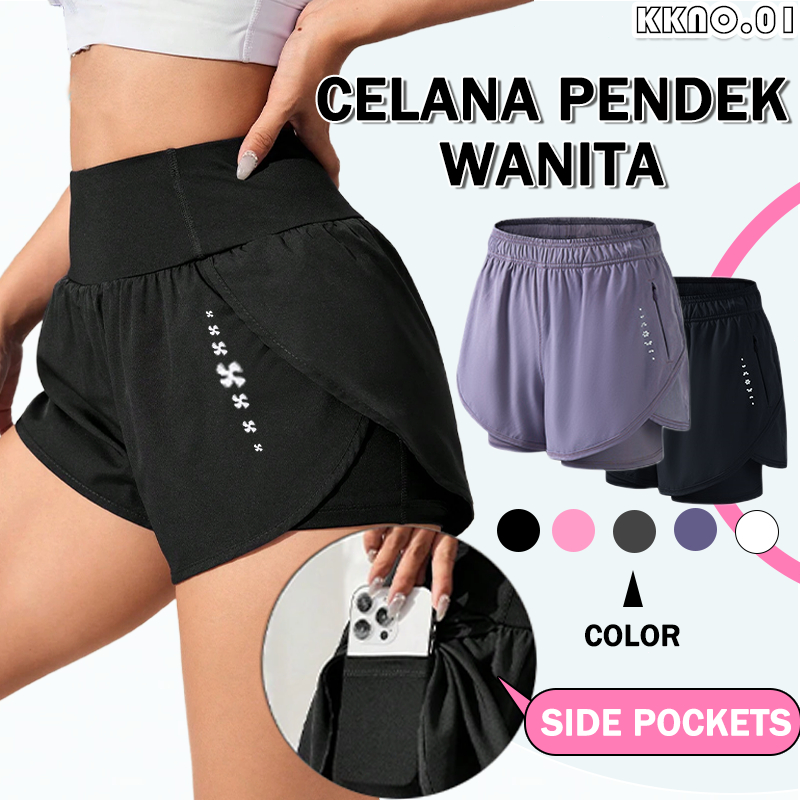 Celana Olahraga Wanita Hidden Pocket Dua Layer Celana Sport Pendek Wanita Hotpants Senam Gym Fitness