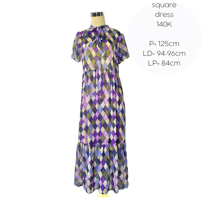 dress sifon halus square kotak lilac purple vintage