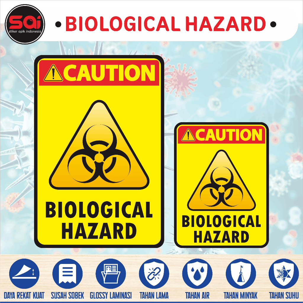 

Stiker vinyl anti air CAUTION BIOLOGICAL HAZARD laminasi glossy