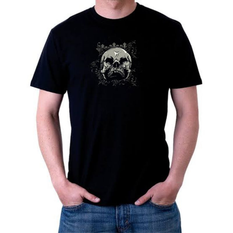 Koas distro hitam tengkorak kepala bahan asli combed 30s Grade A Sablon DTF pastinya lebih contras d