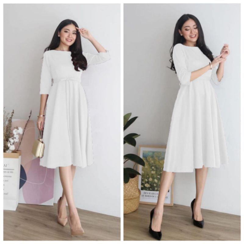 DRESS PUTIH MIDI DRESS SCUBA PREMIUM DRES BANGKOK WHITE DRES SIDI BAPTIS GEREJA FH