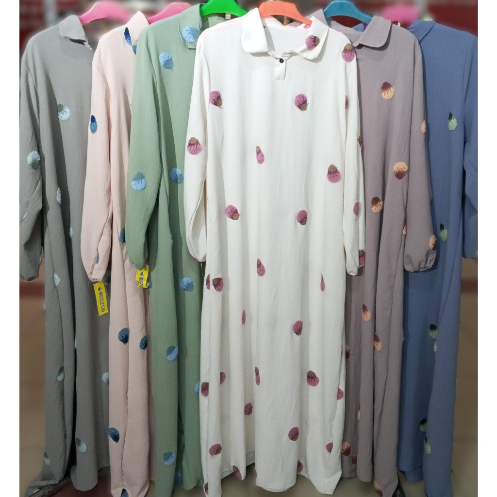 GAMIS BAHAN CRINKLE POM-POM, KERAH BABY, BORDIR BUNGA