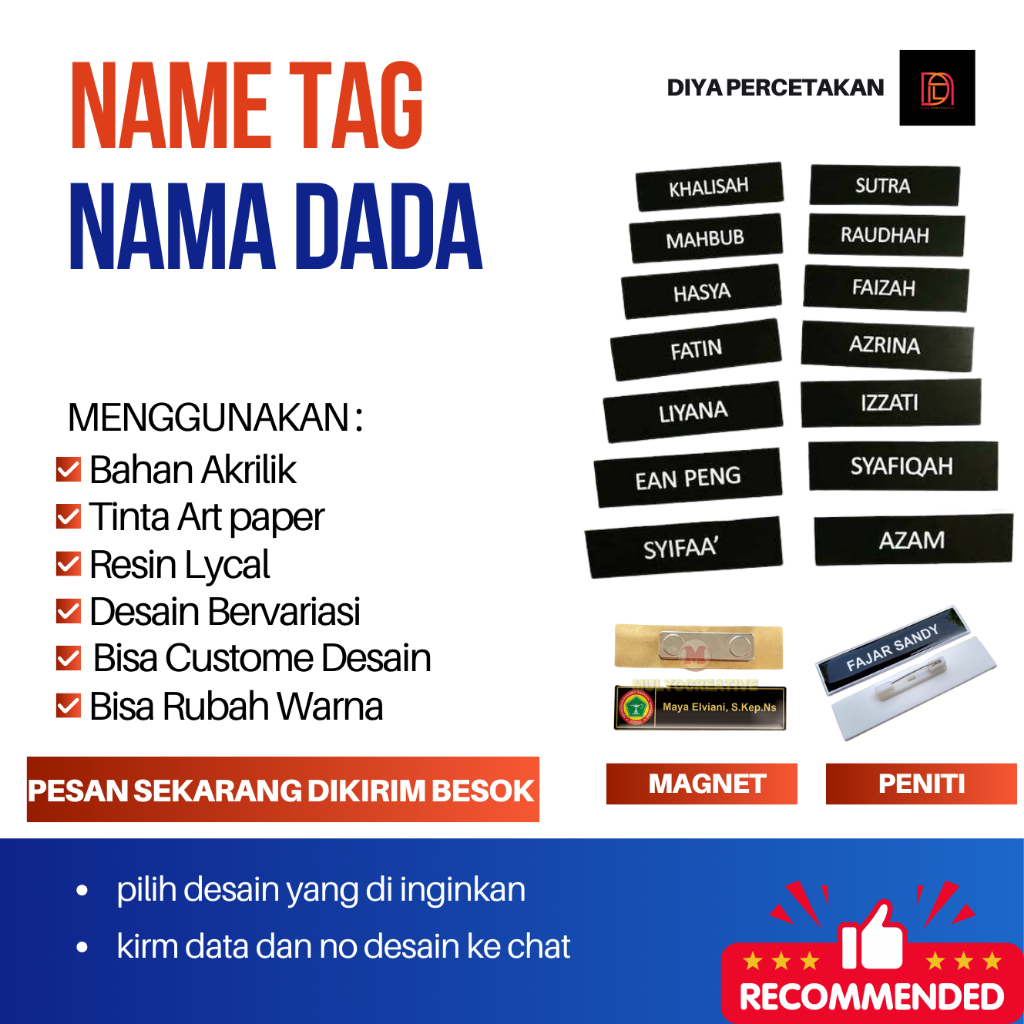 

Nametag/Nama Dada Akrilik peniti dan Magnet Custome