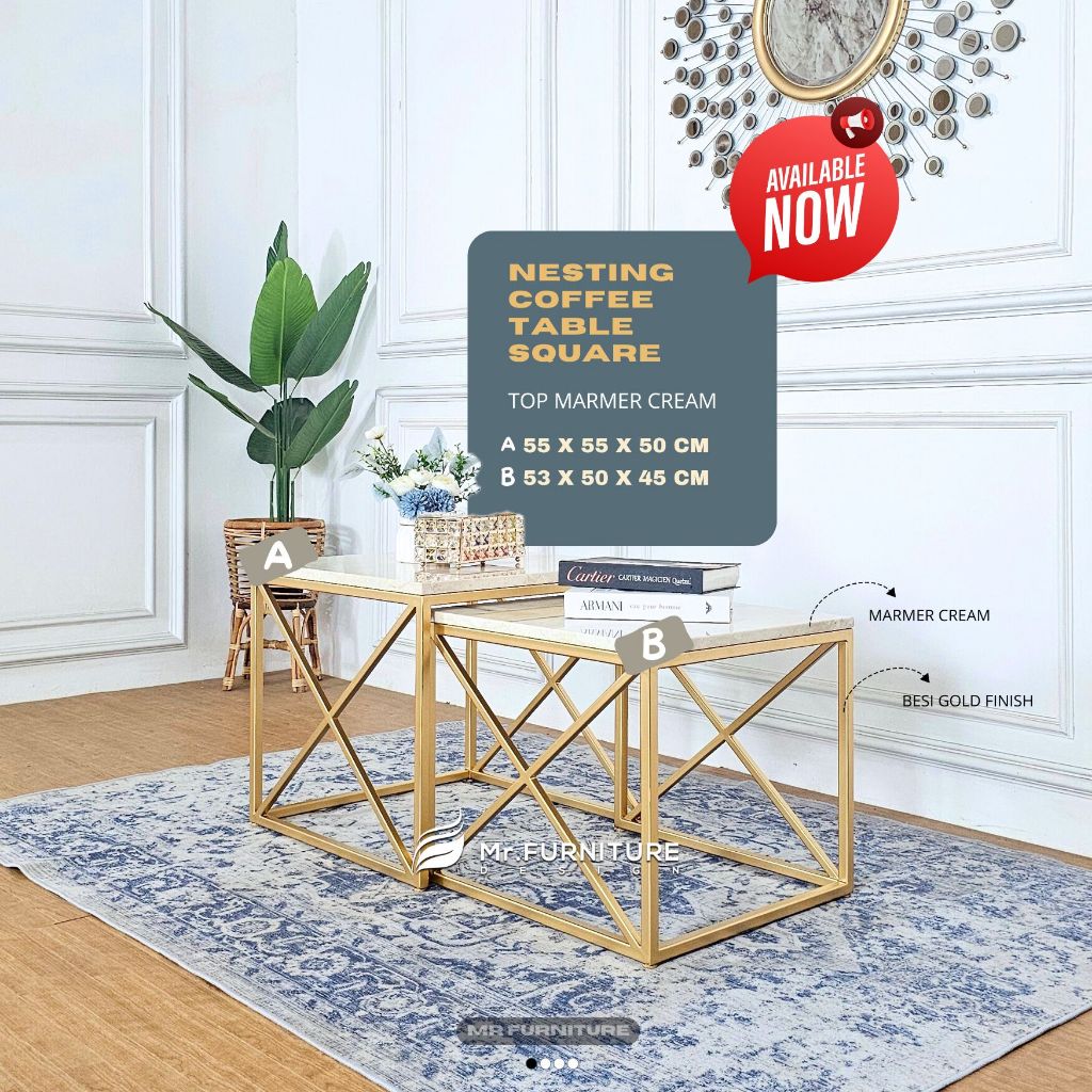 Set Meja Tamu Marmer Krem Nesting Kotak Silang