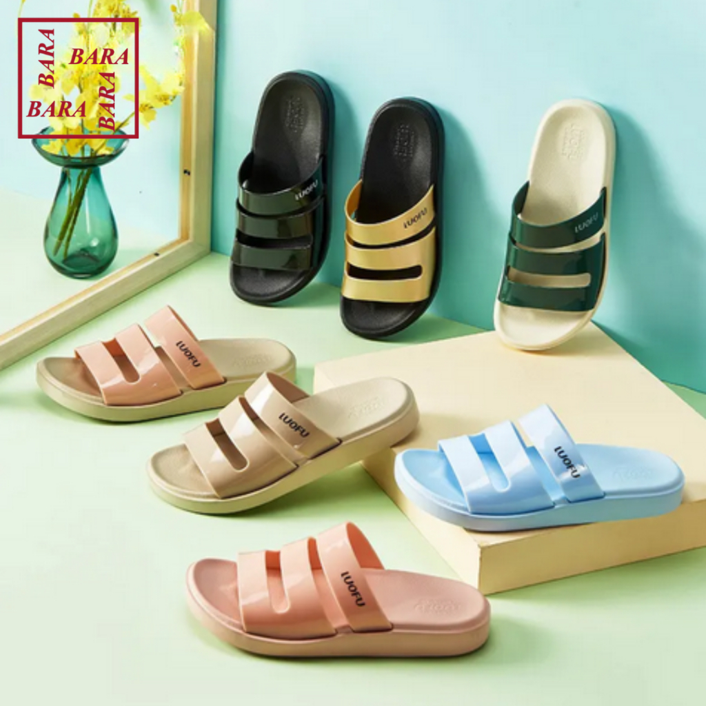 Luofu Sandal Selop Karet Wanita Ban 3 Polos E6222-E01WK (AR-3)