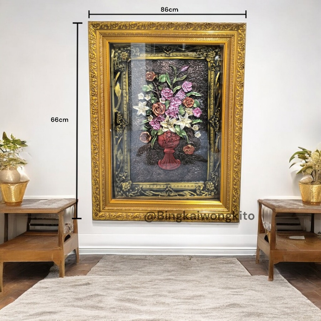 Bingkai Gambar Lukisan Bunga dengan Pot tampilan Timbul|Frame Bunga Indah Mewah|Bingkai Palembang
