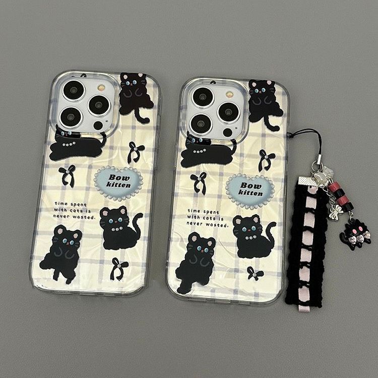 New! BLACK BOW KITTEN Textured waterry Ripple Hologram With Charm Case Iphone - Hardcase/Casing Hp C