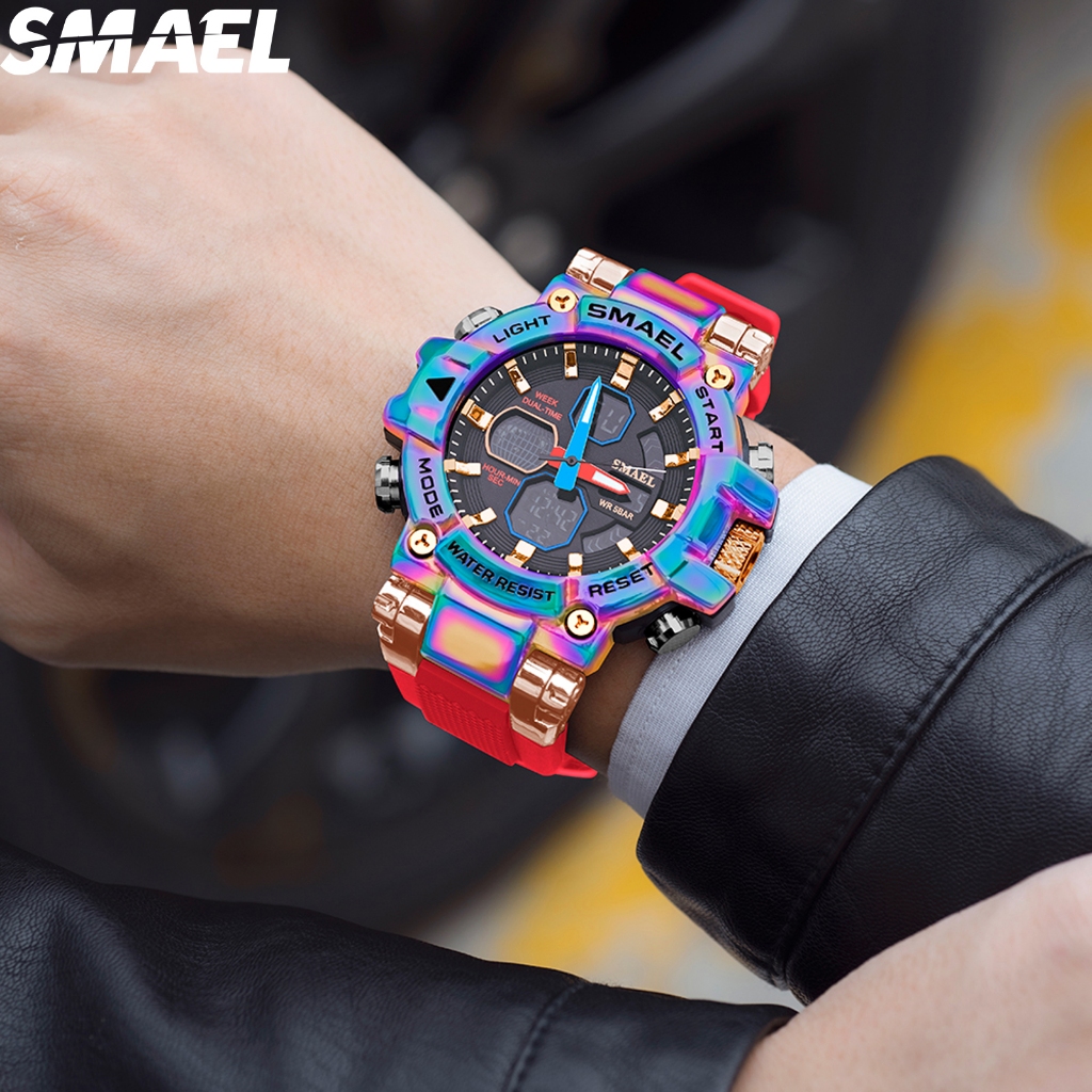 SMAEL 8027 Mencolok Jam Tangan Alloy Warna-Warni untuk Pria, Olahraga Luar Ruangan, Tahan Air, Multi