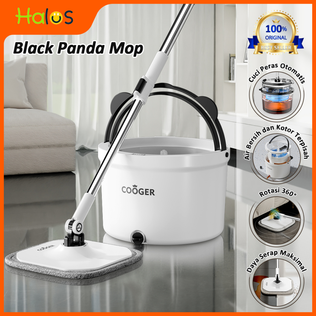 HALUS Panda Dual Clean Mop Terbaru Spin Mop Microfiber Dengan Ember Pemisah Air Kotor dan Bersih