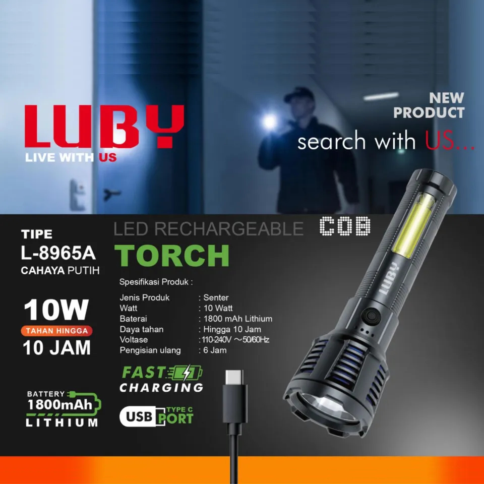 Luby Senter Tangan LED + Emergency 10 Watt Rechargeable L-8965A