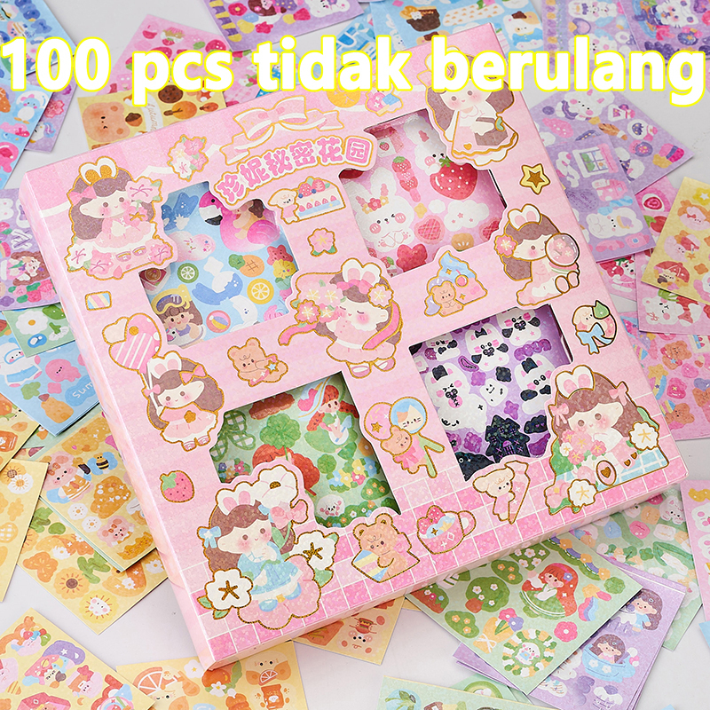 

100 Lembar Stiker Motif Kartun Korea yang Lucu 100pcs Tidak ada pengulangan Anti Air Dekorasi Handbook Scrapbook DIY barang lucu Stiker anak-anak