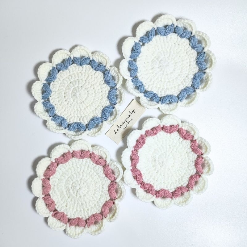 Heart Puff Coaster | Tatakan gelas rajut | Tatakan Love | Alas Gelas Bentuk Hati