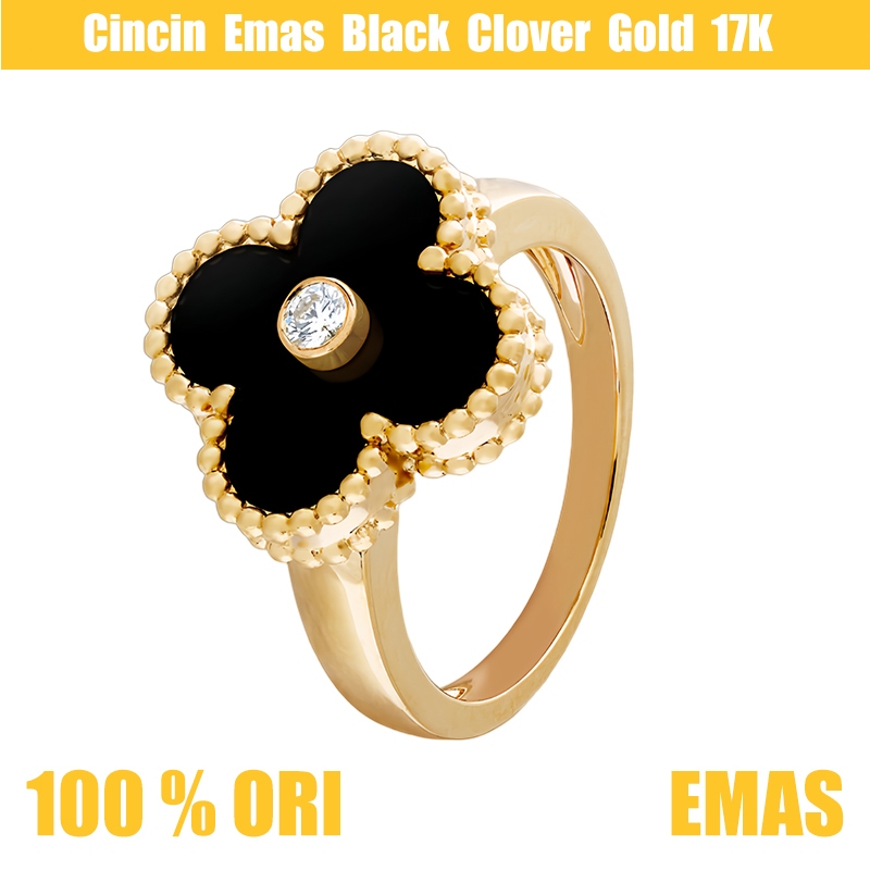 Cincin Batu Akik Hitam Semanggi Empat Daun, Cincin Pasangan Emas 17K, Cincin Wanita, Cincin Clover