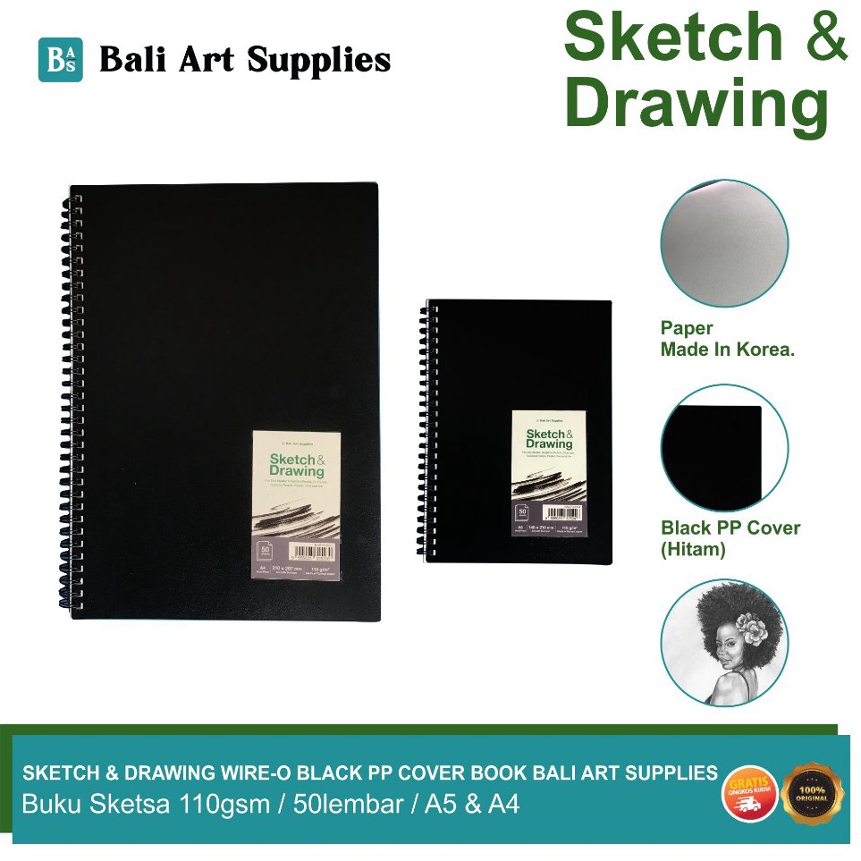 

KODE H6B9 Sketch Drawing Book Bali Art Supplies Buku Gambar Sketsa WireO PP Cover 5 lembar A4 A5 11gsm