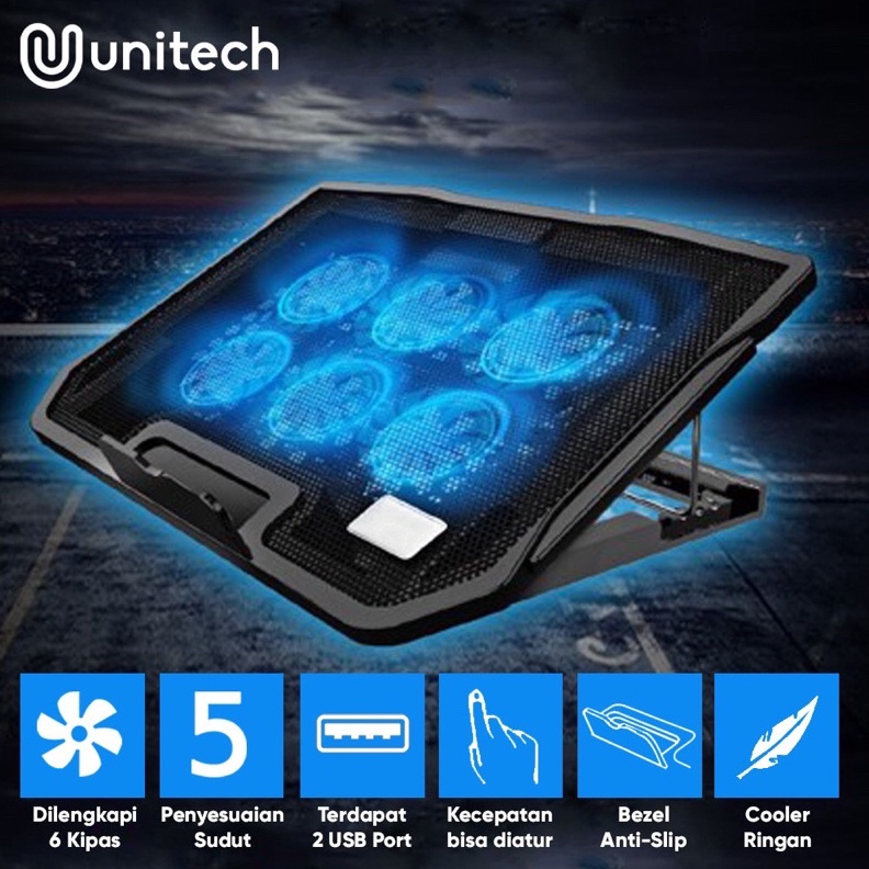KODE G28V Cooler Laptop Kipas 6 Fan  Coolingpad Laptop 6 Kipas Biru Unitech H9 Silent Cooler