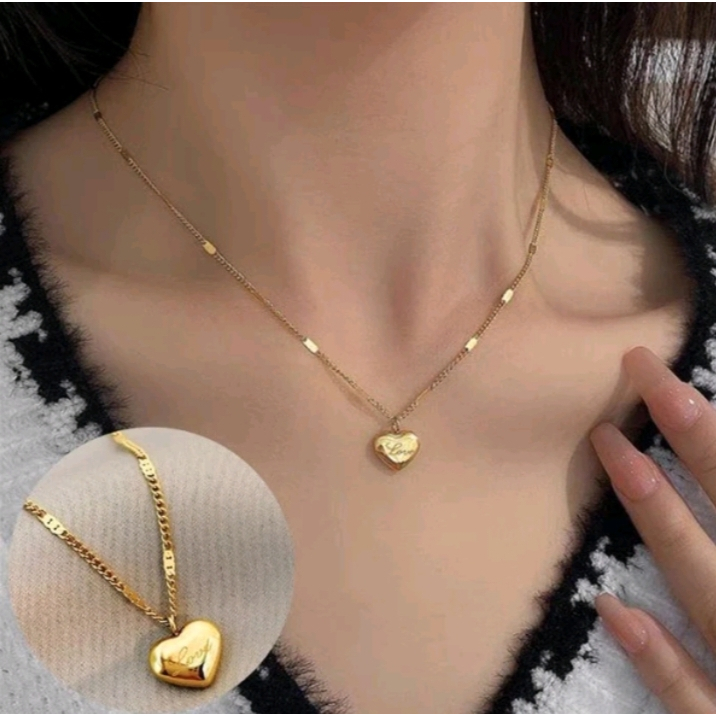 Kalung Titanium Fashion Love Besar Rantai Gepeng