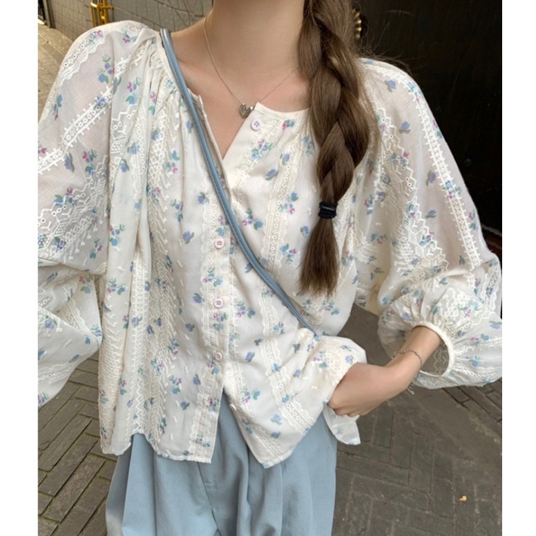 KODE F1X9 ROSELLA Blouse bunga putih Korean Style lengan panjang hijab baju atasan wanita terbaru at