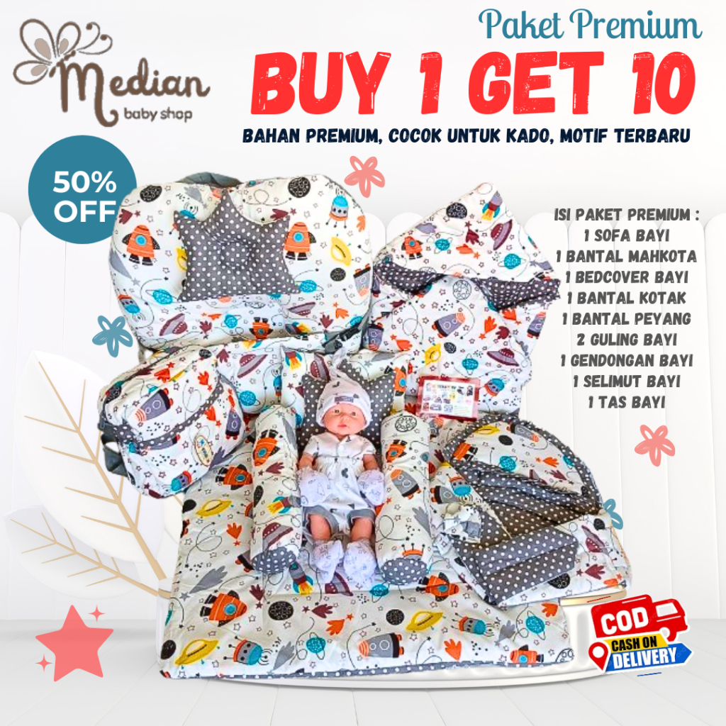 PAKET PREMIUM BUY 1 GET 10 SOFA BAYI/ BEDCOVER/ MATRAS BAYI/ SELIMU TOPI/ GENDONGAN SAMPING/TAS BAYI
