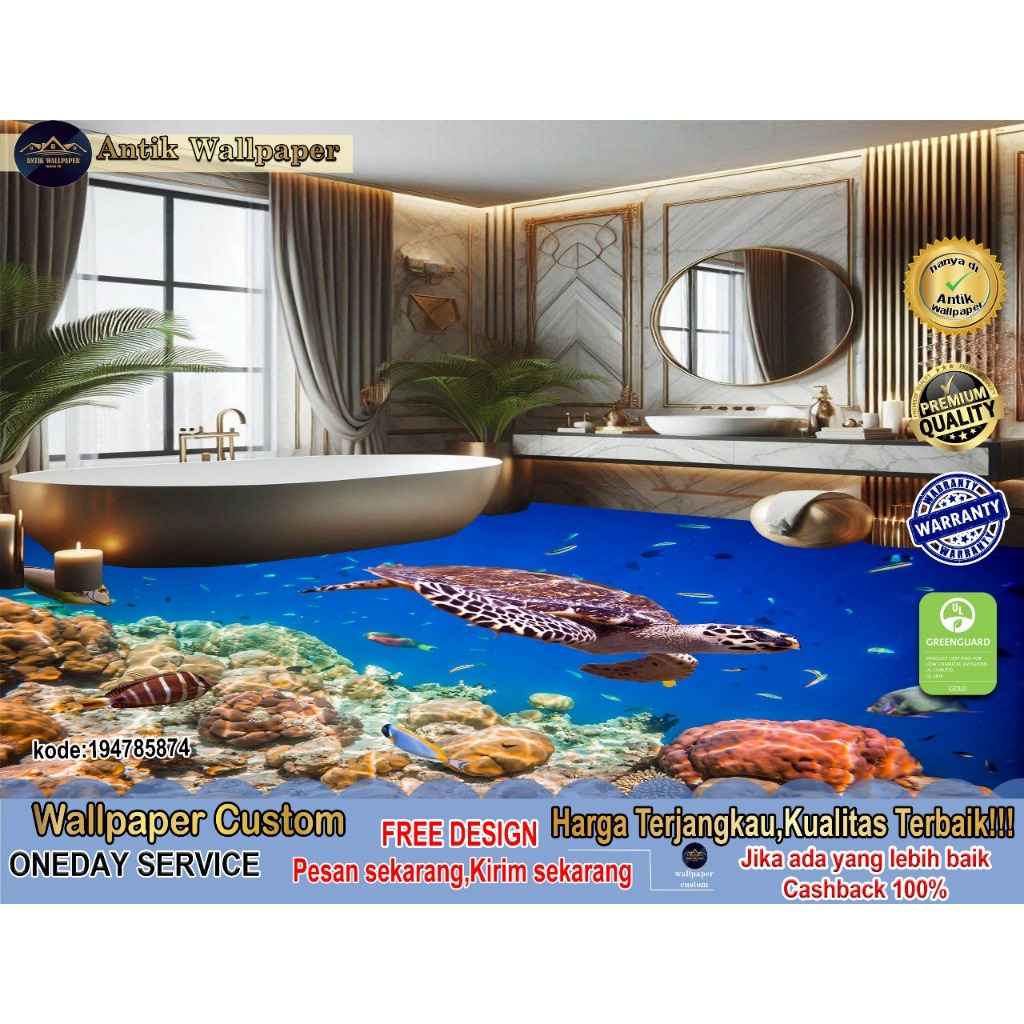 Stiker Lantai Custom 3D  Tema Under Sea | Ikan Bawah Laut | Kamar Mandi | Elegant | Mewah