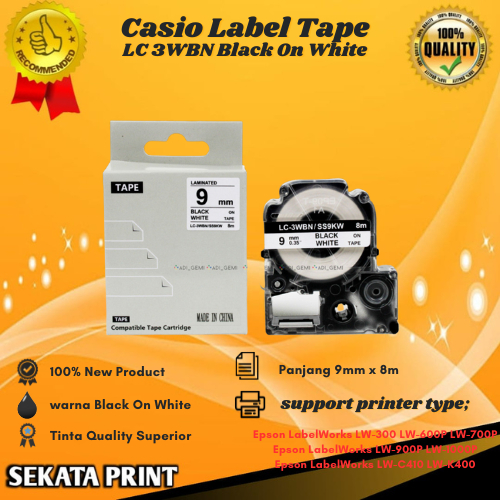 

Compatible Casio Label Tape Epson LC 3WBN, LC 3LBP, LC 3YBW, LC 3RBP, LC3GBP,LC 3WBN -1 Paket