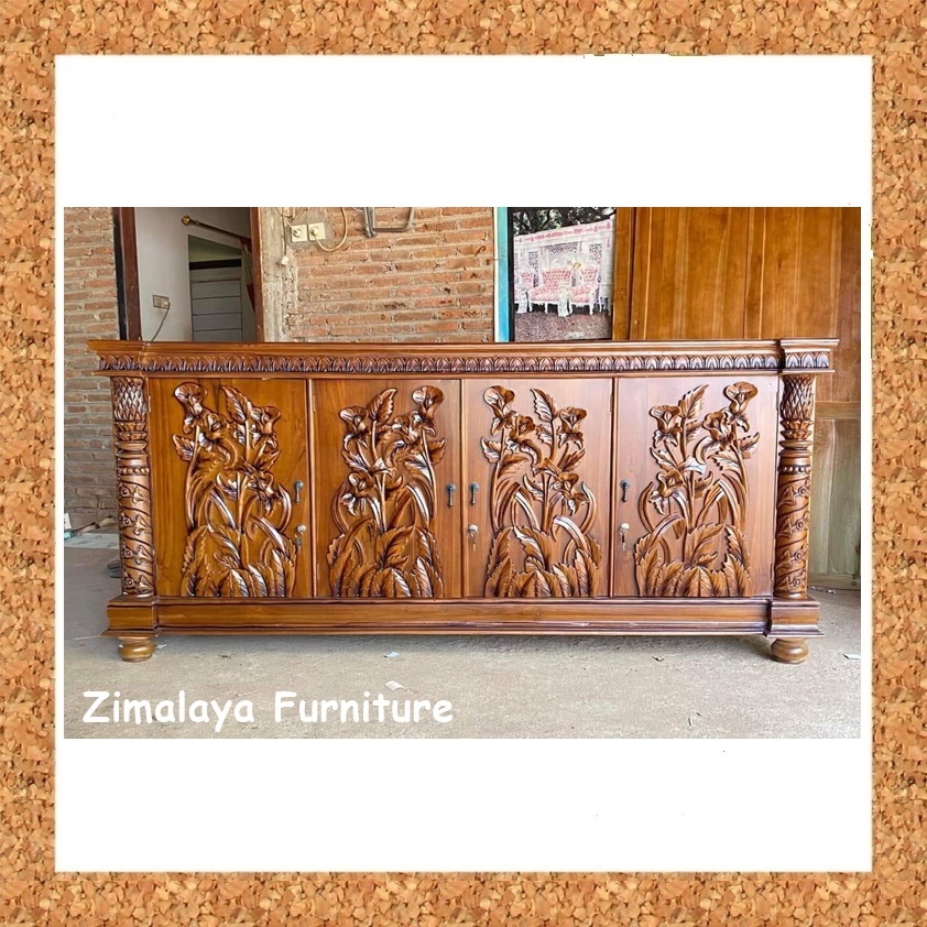 Bufet Jati Ukir Bunga Mawar, Bufet Antik, Bufet Ukir Produk Pengrajin Asli Dari Jepara