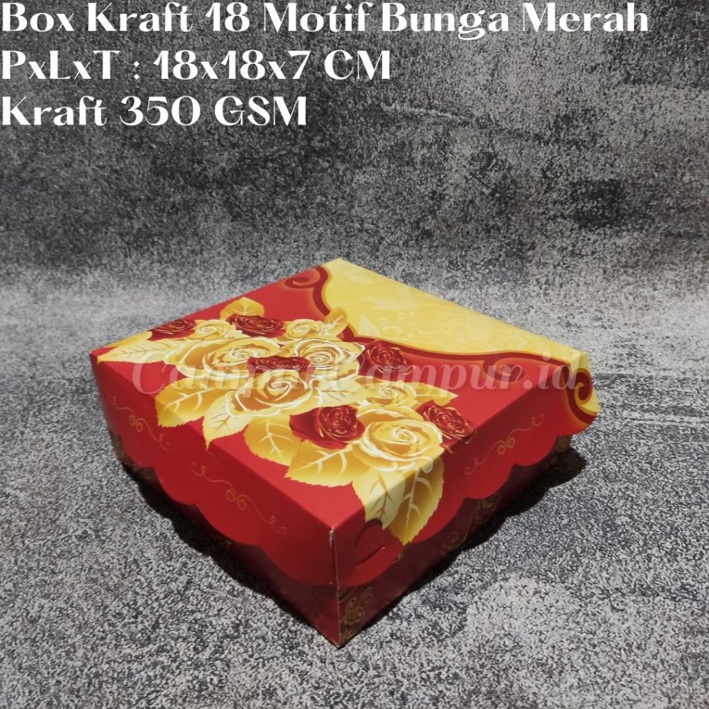 

Box Kraft Duplex Makanan Hampers Hajatan R8 18x18x7 Motif Bunga Merah Emas Kotak Nasi Makanan