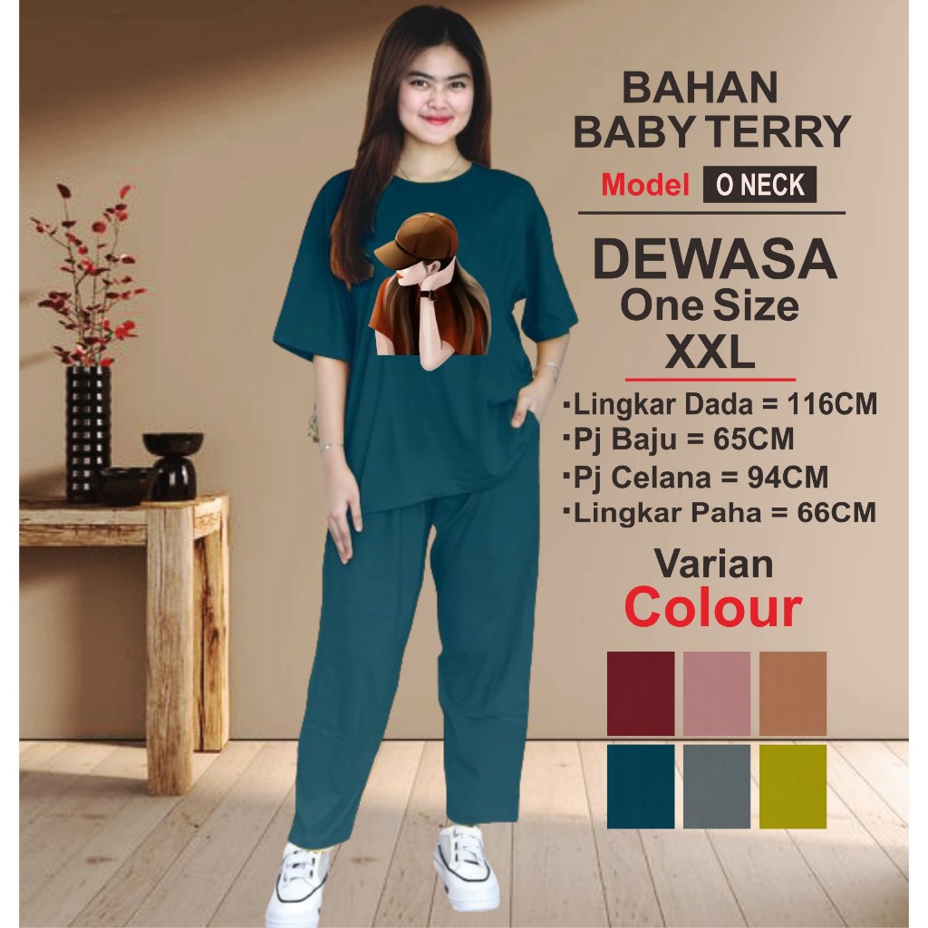 BAJU SETELAN KEKINIAN WANITA DEWASA BAHAN BABY TERRY PREMIUM GAMBAR DTF PRINT TAHAN DI CUCI MESIN