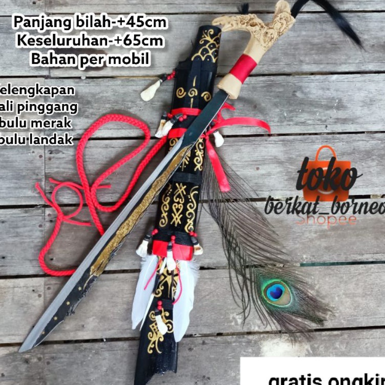 KODE W16B mandau senjata pusaka khas suku adat dayak kalimantan asli motif naga tatah kuningan size 