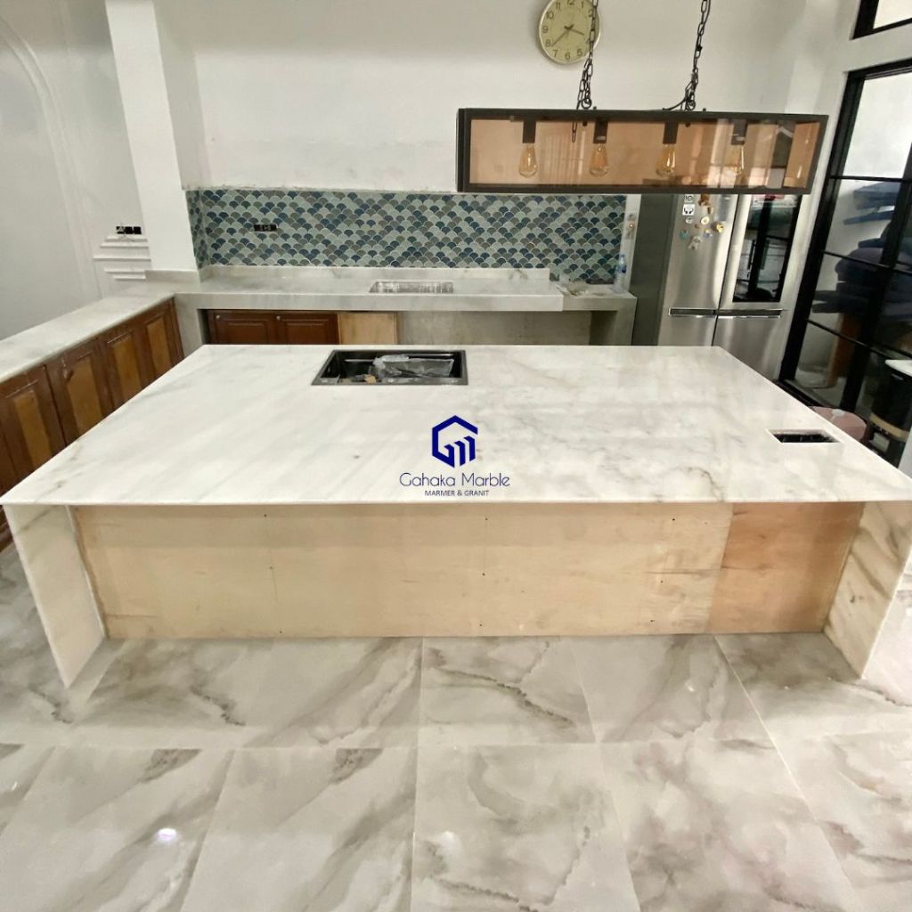 Meja Island Marmer Putih Import Bianco | Kitchen Island Marmer Putih | Marmer Meja Dapur |