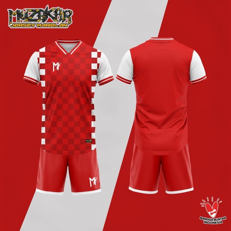 SIXA BATIK Muzakar Baju Futsal Setelan Stelan Jersey Bola catur merah putih, Bisa Sablon