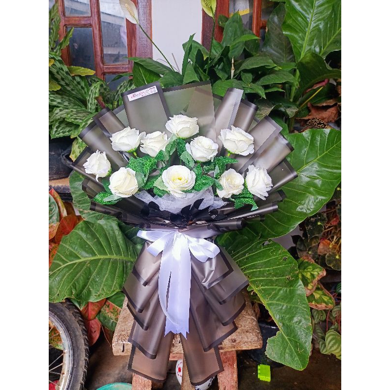 buket bunga artificial mawar putih premium 10 kuntum