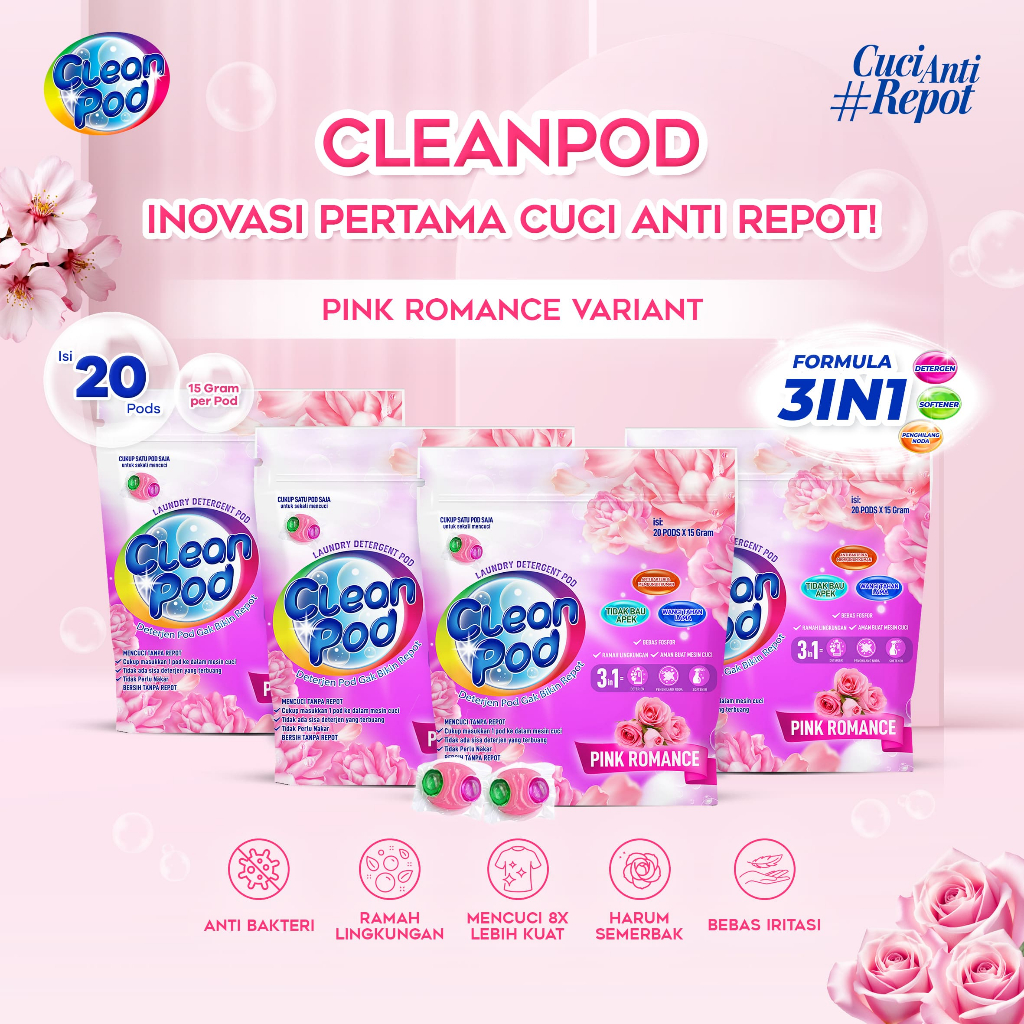 CleanPod 4 Pack of Pink Romance Scent Laundry Pod Detergent/Deterjen Pod (1 Pack isi 20 Pods)