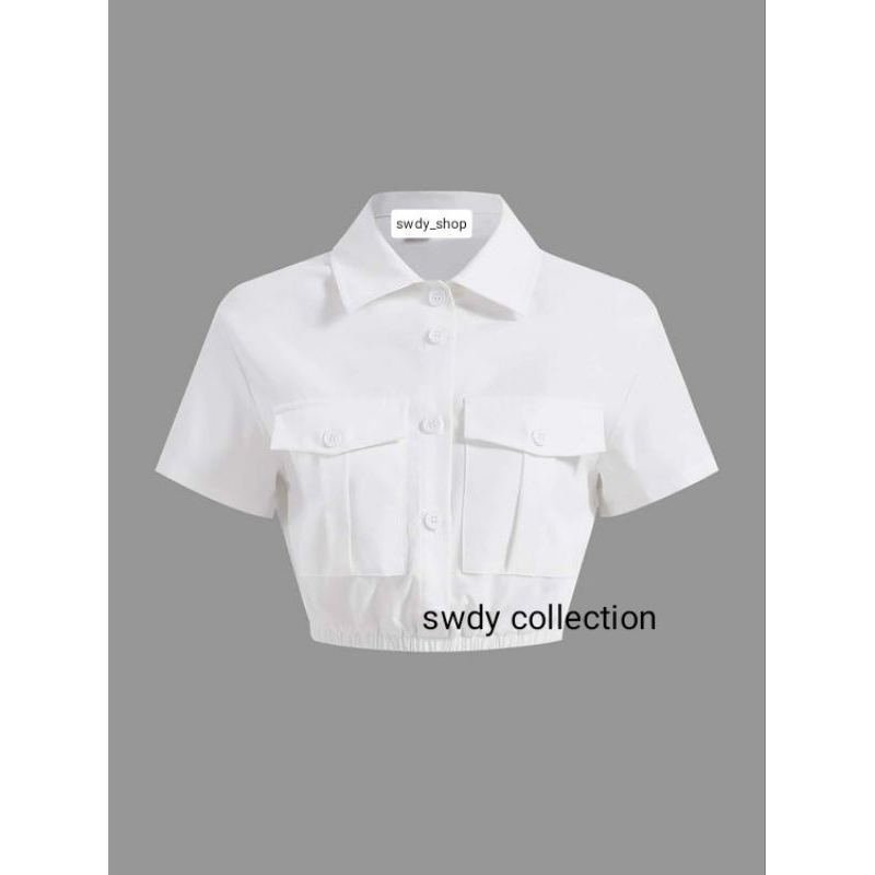 KEMEJA CROP TOP KRAH/ATASAN LINEN KOREANSTYLE DOUBLE POCKET KARET PINGGANG