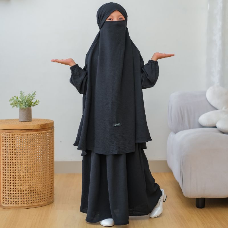 AnnaKids - Gamis Abaya Anak Perempuan French Khimar Set Cadar [Nada - Hitam]