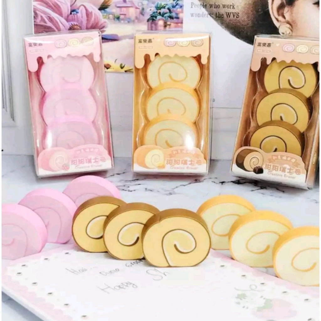 

WW 403 3PCS Penghapus Slice Bolu coklat simulasi New swissroll simulated eraser Lucu