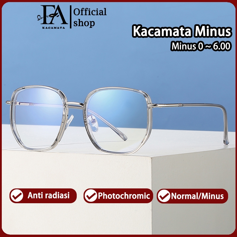 Frame Kacamata Minus Wanita Pria Cowok Blueray Fashion Besi Kotak Photocromic Anti Radiasi Oversized
