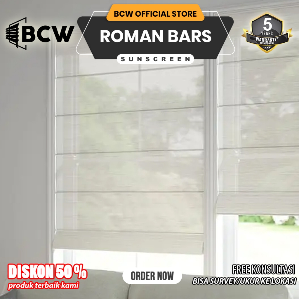 BCW - Roman Bars Blind Indoor Sunscreen - Custom Ukuran - Tirai Jendela Gulung/Kerai - Tirai Minimal