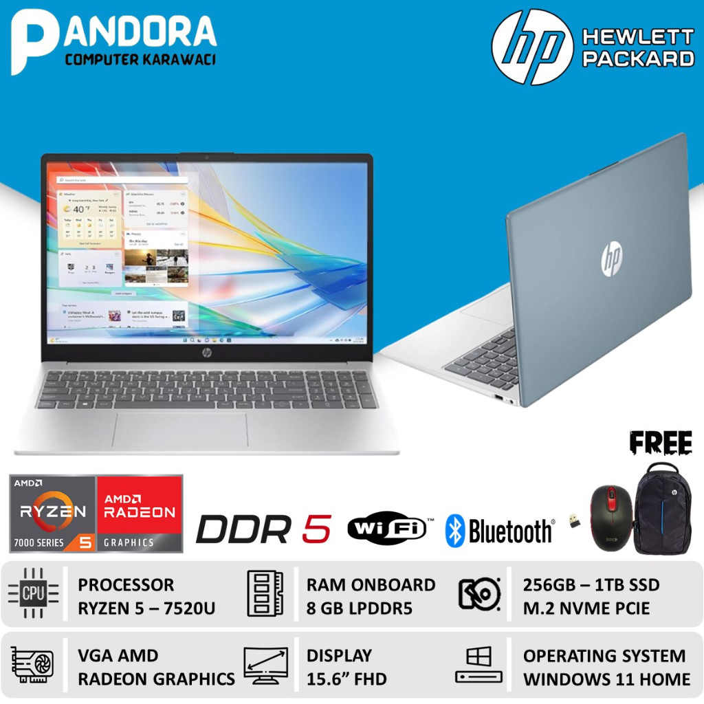 LAPTOP HP 15 RYZEN 5 7520U 8GB 512GB SSD 15 inch FULL HD WINDOWS 11