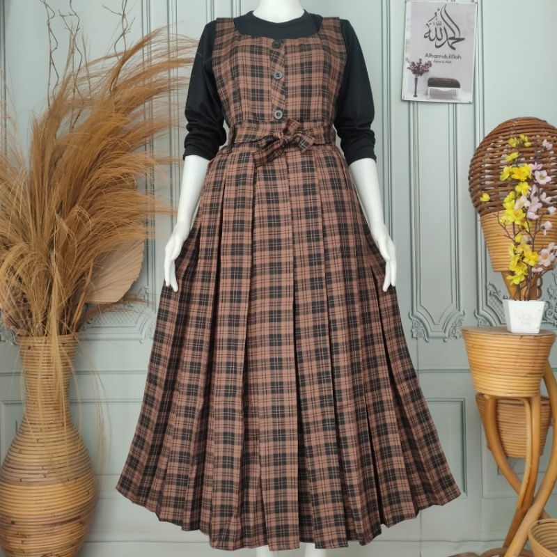 Gamis Kotak kotak Overall Dress kotak kotak Oriental look Korean