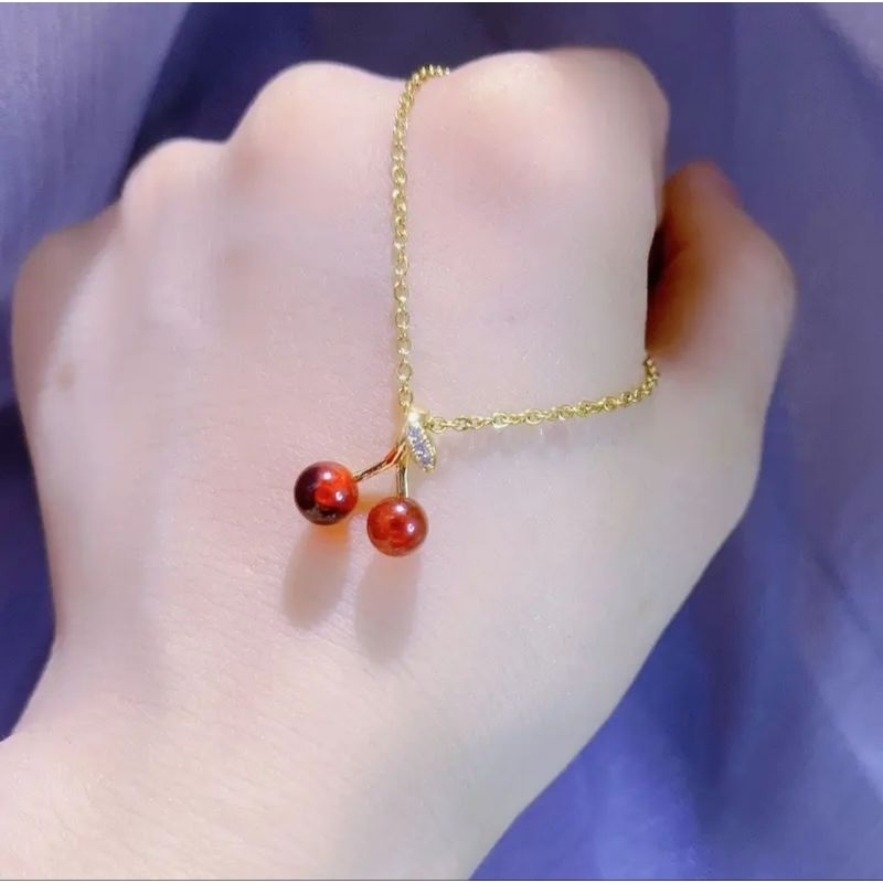 Kalung Liontin Cherry Titanium Asli Gold 8K Kalung Wanita Buah Cherry Kalung Wanita Terbaru 2024