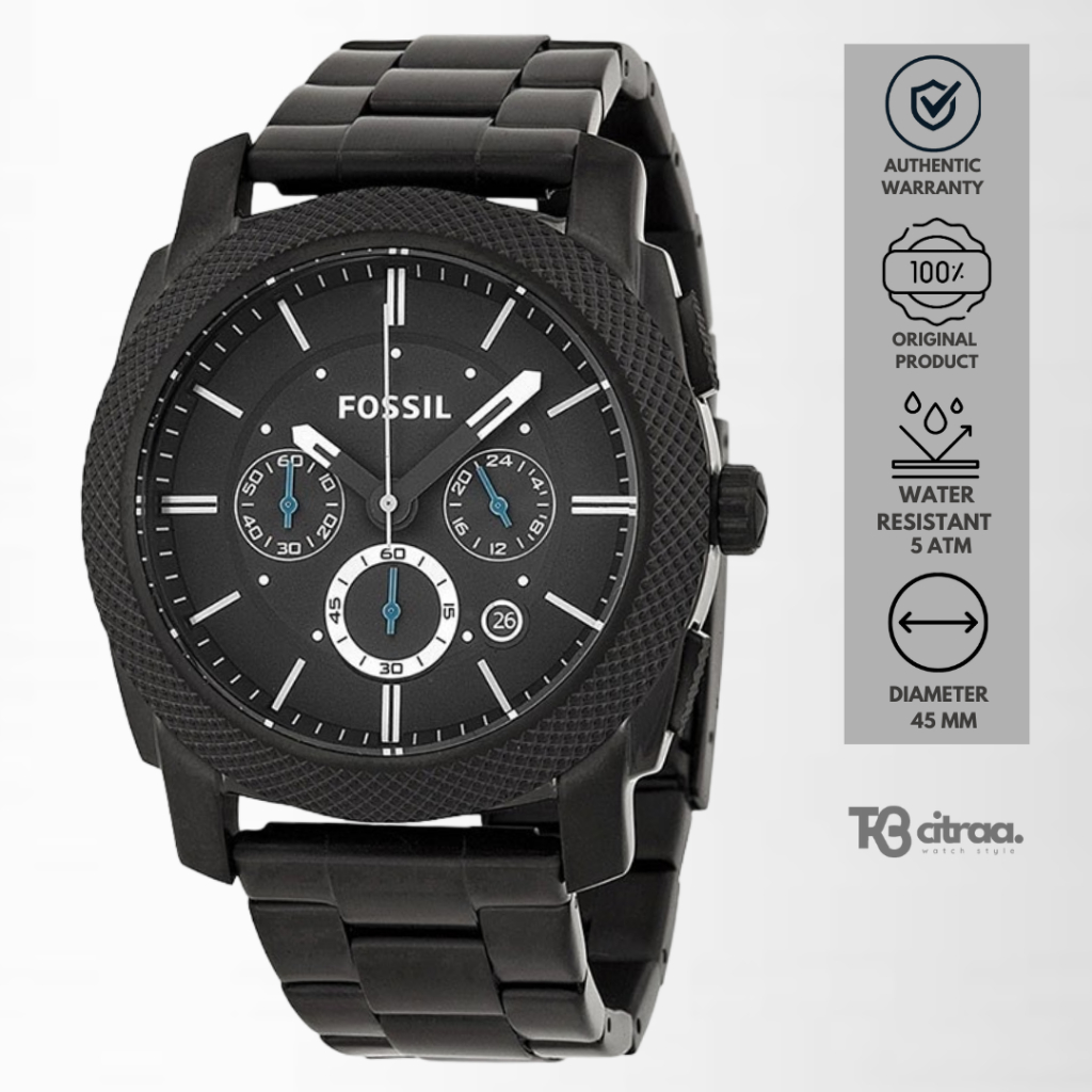 jam tangan fashion pria Fossil Machine analog strap rantai hitam Chronograph Black Stainless Steel w