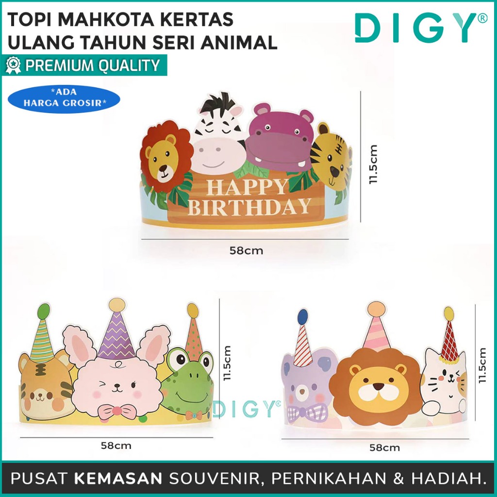 Topi Ulang Tahun Animal/Topi Pesta Birthday Anak/Topi Ulang Tahun Mahkota Kertas