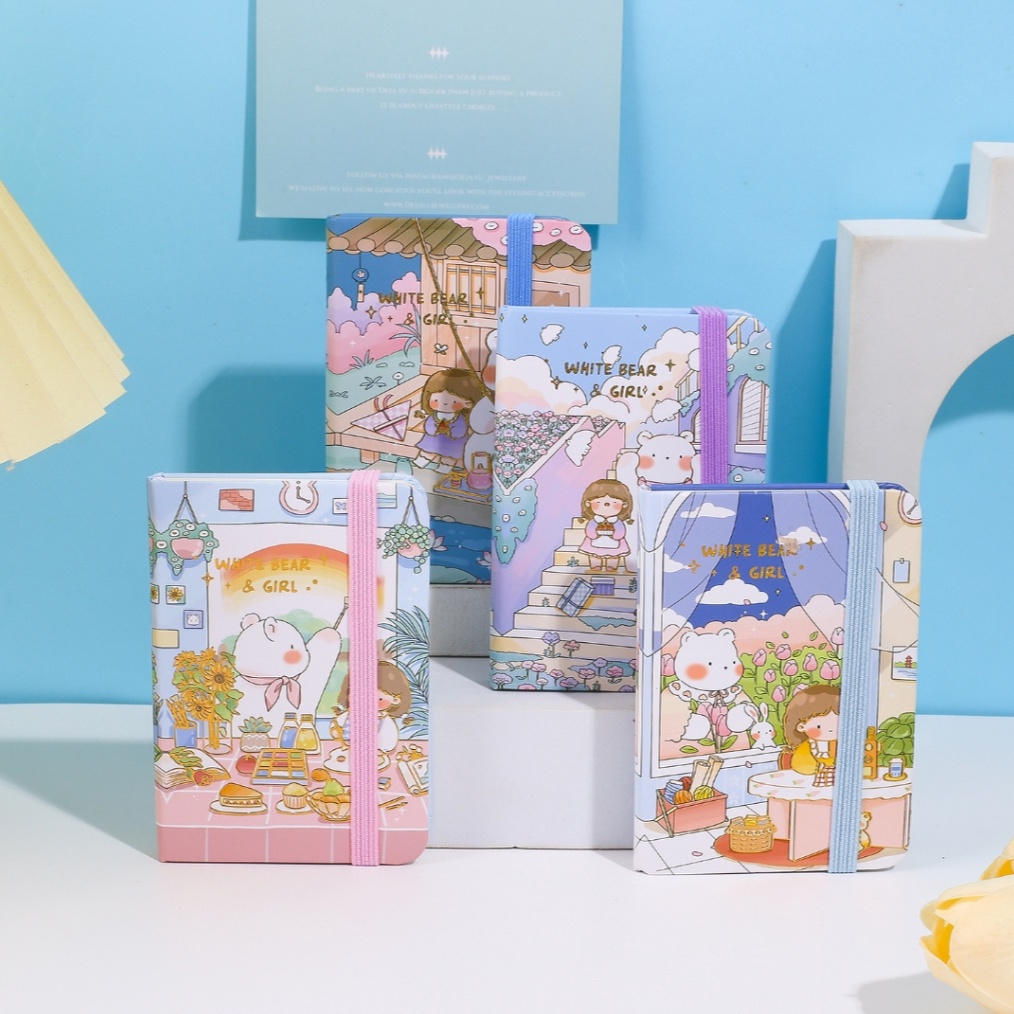 

SPONTAN White Bear And Girl Notebook A7 Notebook Garis Ruled A7 dengan Strap atau Tali