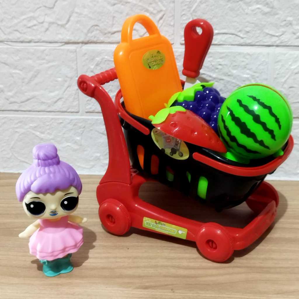 Maianan Anak Troli Buah Sayuran Dengan Boneka LoL- Troli Dorong Buah dan Sayur Anak Perempuan