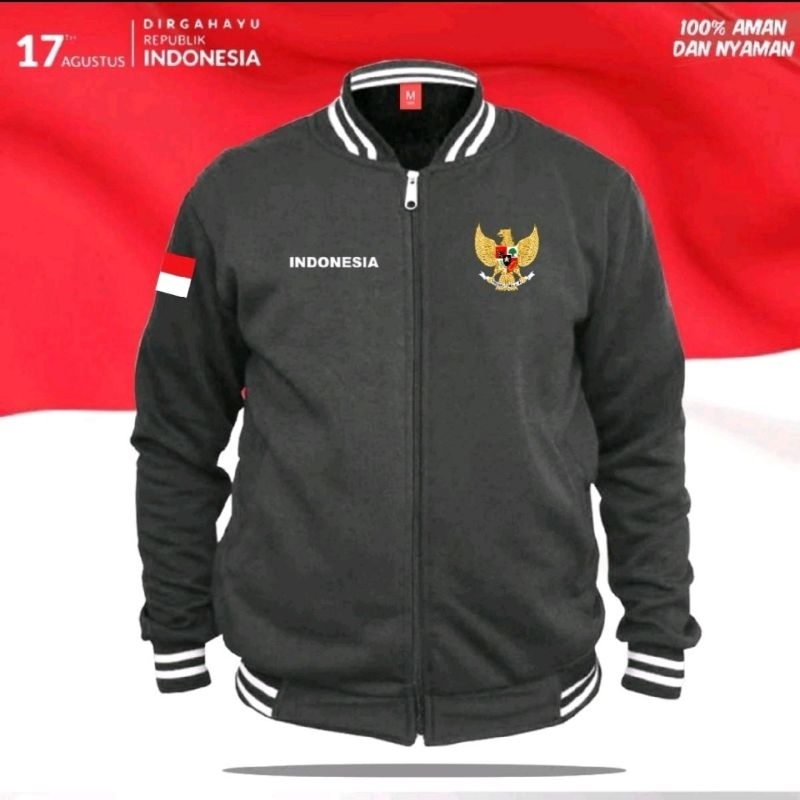 Jaket Varcity Zipper Kemerdekaan Indonesia Logo Garuda Bendera Merah Putih Jaket Basebal Pria