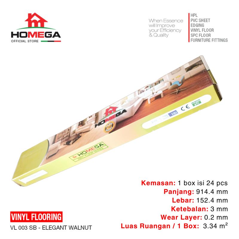 HOMEGA VINYL Flooring - Lantai Kayu Parket Parkit Parquet Stiker - Tekstur Wood Elegan Walnut - 1 Bo