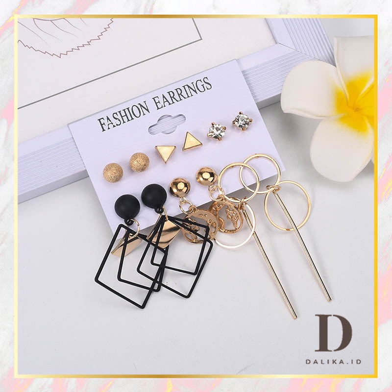 Anting Set Tusuk Panjang Juntai Gantung 6 Pasang / Set Geometri Bola Kristal Aksesoris Fashion