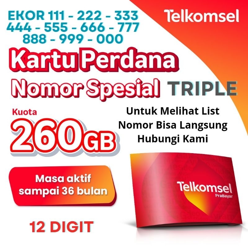 Nomor Cantik Spesial Telkomsel Kartu Perdana Seri Ekor Triple Berlaku 3 Tahun Kuota 260Gb - Ujung 00
